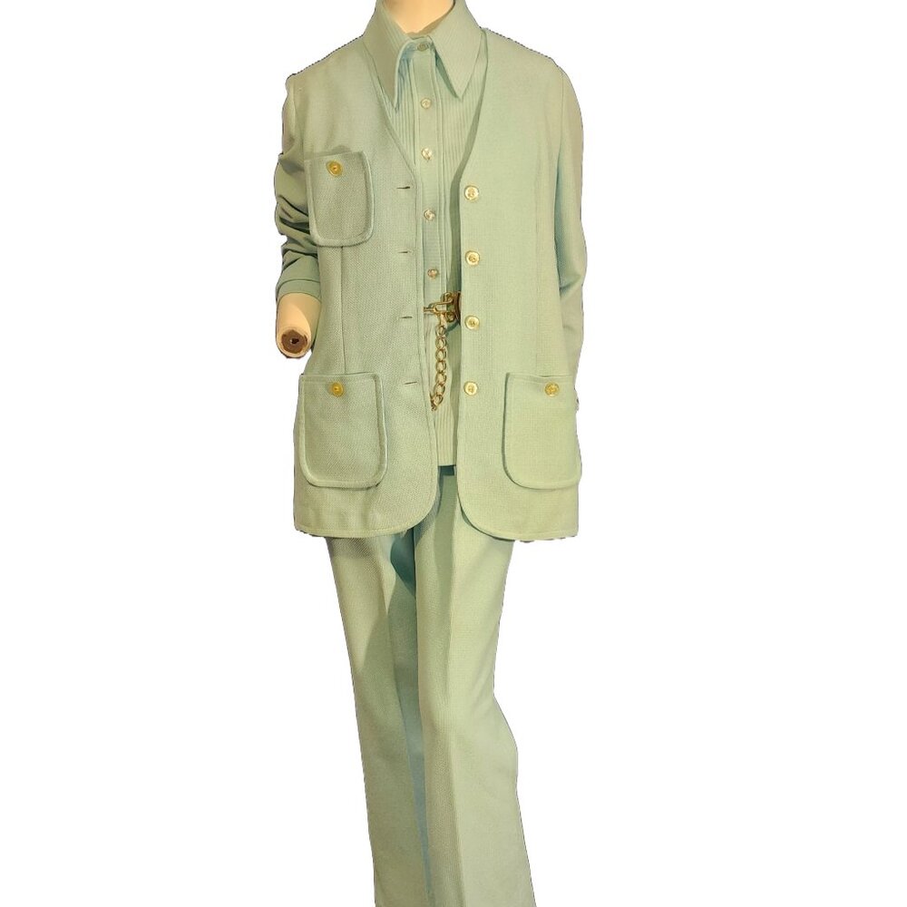 1970's Alex Garay Ltd Light AQUA BLUE, Not Green Knit Leisure Suit No Belt